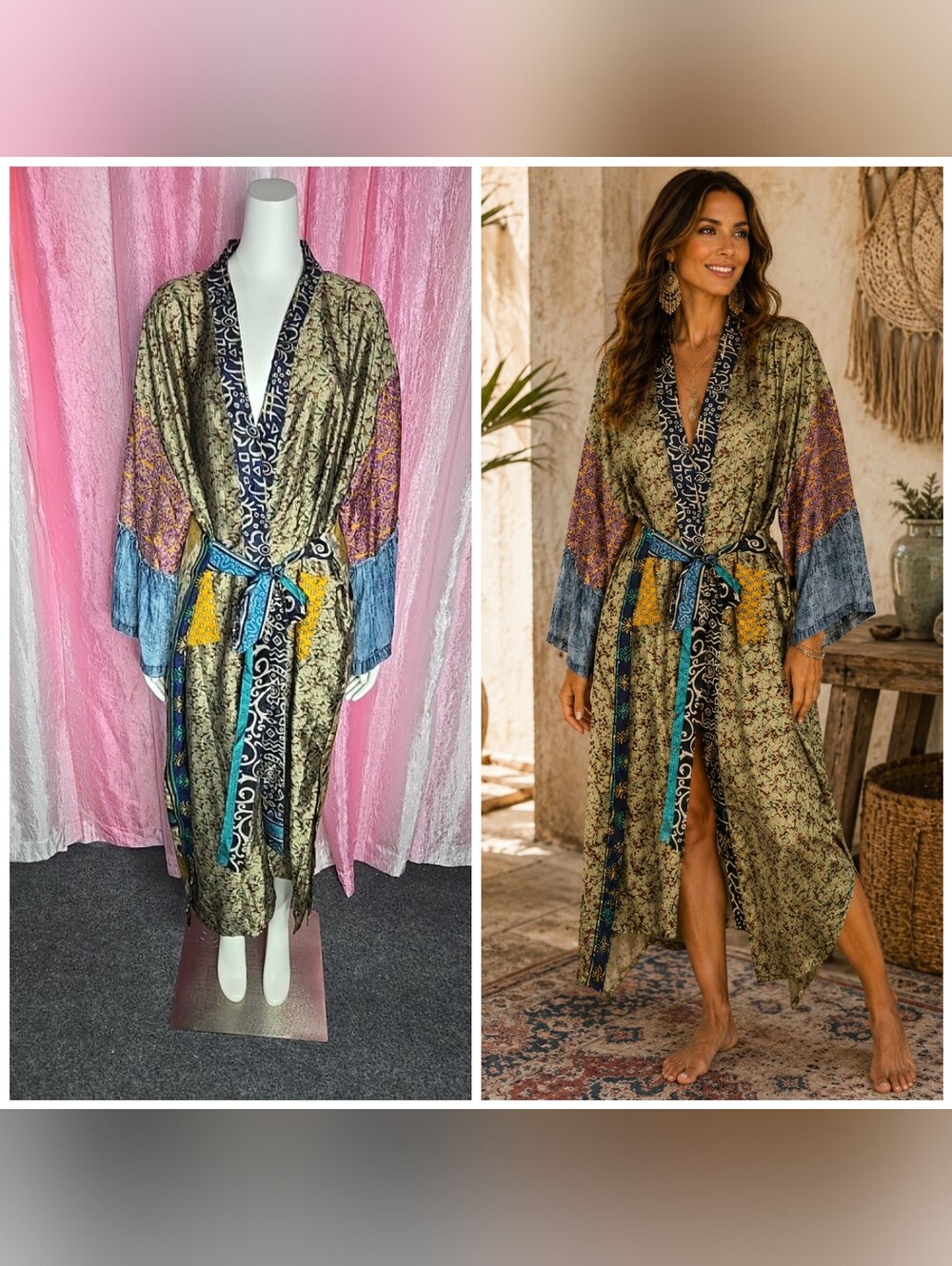 Jaded Gyspy Boho Patchwork Art Silk Hippie Robe Kimono One Size RARE